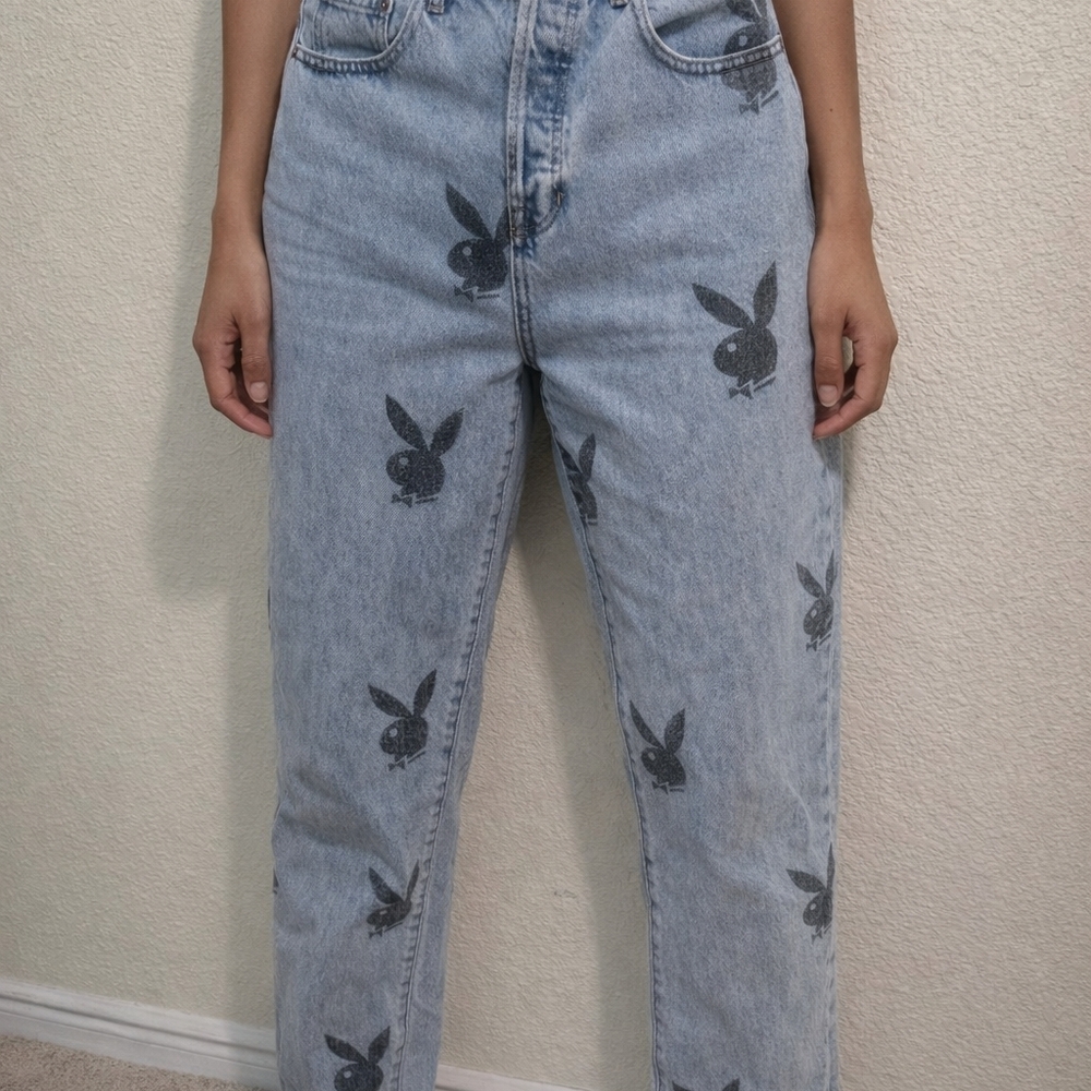 PacSun Light Blue Straight Leg Jeans with Black Bunny Print